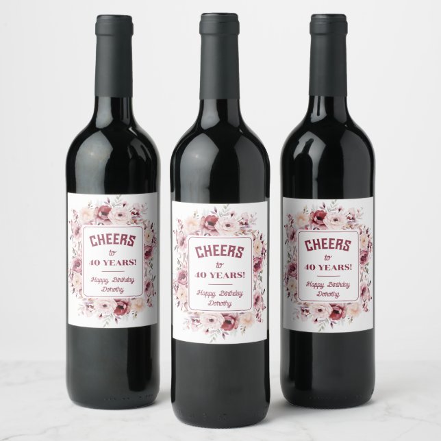 40th Birthday Personalised Burgundy Pink Floral  Wine Label (Bottles)