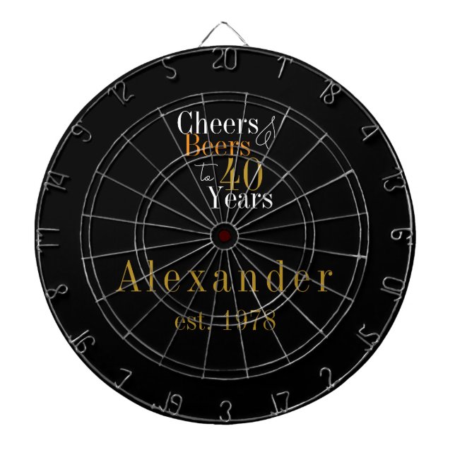40th Birthday Personalised Cheers Beers Black Gold Dartboard (Front)