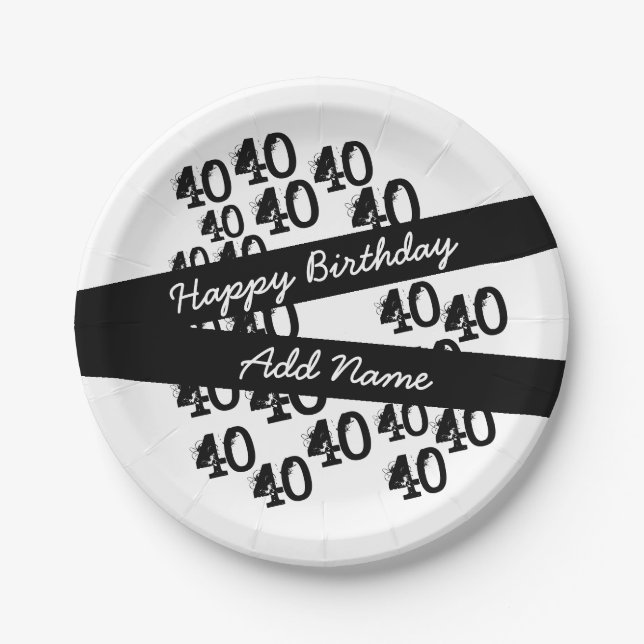 40th Birthday Personalised Funky Black White Paper Plate (Front)