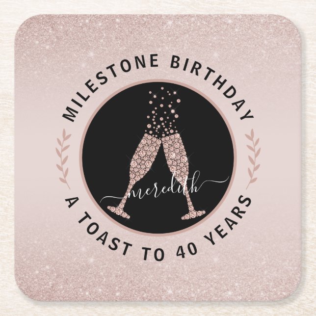 40th Birthday Personalised Glitter Champagne Toast Square Paper Coaster (Front)