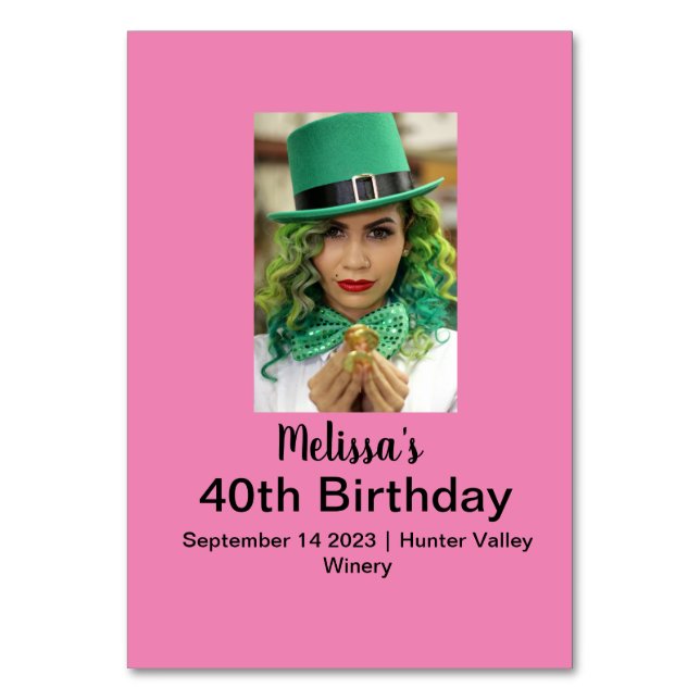 40th Birthday Personalised Photo pink Table Number (Front)