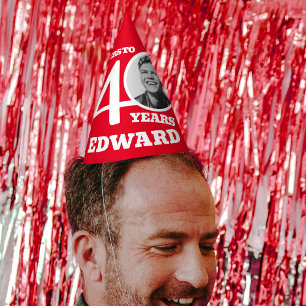 40th birthday personalised photo white red party hat