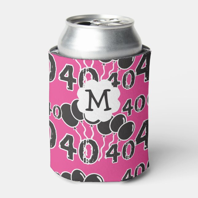40th Birthday Personalised PINK BLACK Monogram Can Cooler (Can Front)