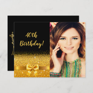 40th birthday photo black gold bow invitation