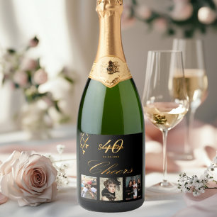 40th birthday photo black gold cheers script sparkling wine label