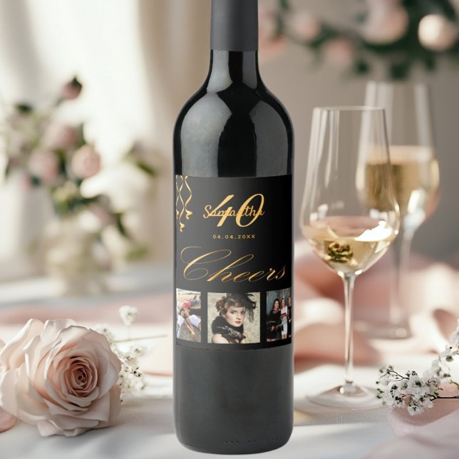 40th birthday photo black gold cheers script wine label (Creator Uploaded)