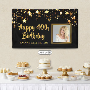 40th Birthday Photo Black Gold Stars Personalised Banner