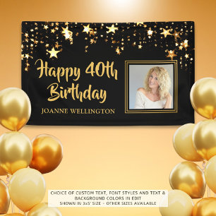 40th Birthday Photo Black Gold Stars Personalised Banner