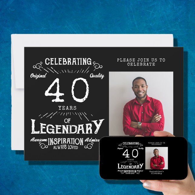 40th Birthday Photo Black Vintage Invitation (Creator Uploaded)