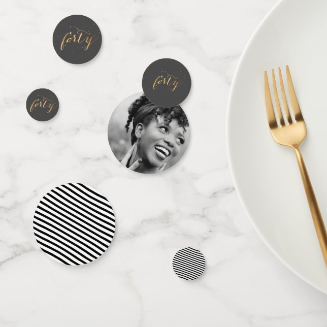 40th Birthday Photo Black White Gold Party Confetti (Group)