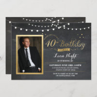 40th Birthday Photo Chalk Rustic Gold Invitation