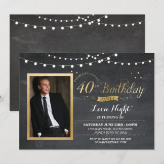 40th Birthday Photo Chalk Rustic Gold Invitation