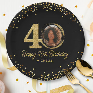 40th Birthday Photo Chic Black Gold Glitter Custom Paper Plate