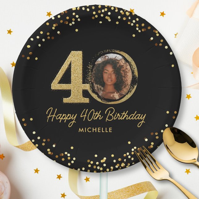 40th Birthday Photo Chic Black Gold Glitter Custom Paper Plate (Creator Uploaded)