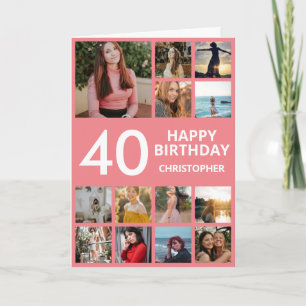 40th Birthday Photo Collage 13 Photos Pink & White Card