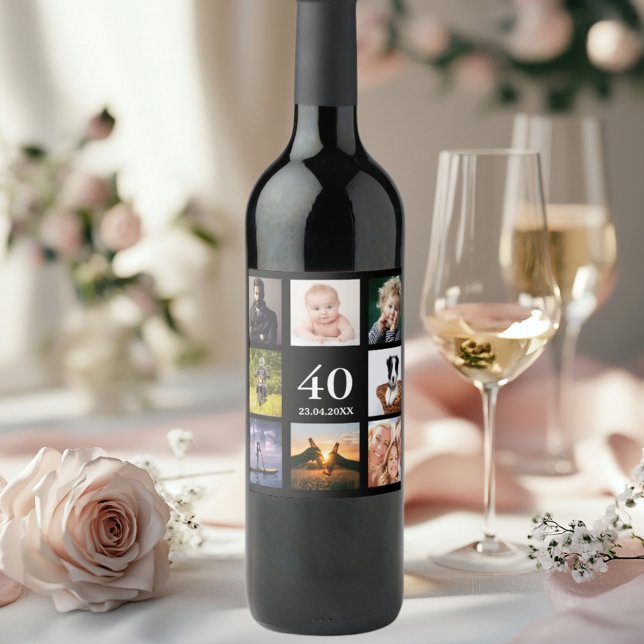 40th birthday photo collage black wine label (Creator Uploaded)