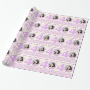 40th Birthday photo damask cream purple wrapping Paper
