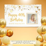 40th Birthday Photo Gold Stars Personalised Banner<br><div class="desc">Celebrate a 40th or any age birthday with this custom colour banner sign featuring one photo of him or her, gold stars and your custom text in your choice of font styles and colours. The sample suggests HAPPY 40TH BIRTHDAY NAME shown in a gold brush script typography on a white...</div>