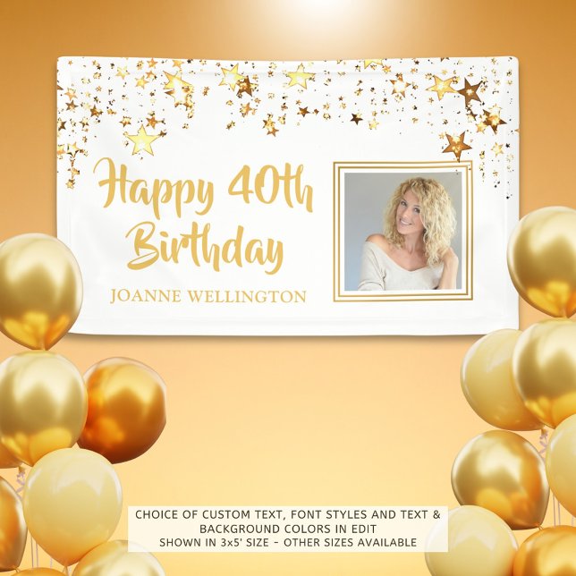 40th Birthday Photo Gold Stars Personalised Banner (Creator Uploaded)