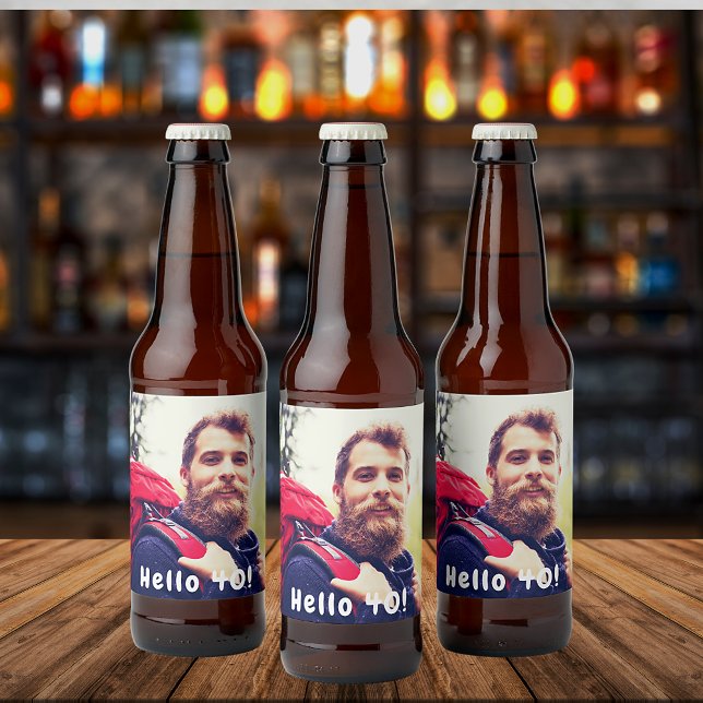 40th birthday photo hello 40 guys men beer bottle label (Creator Uploaded)