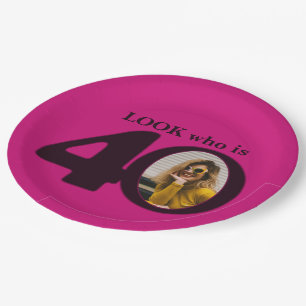 40th birthday photo look dark pink paper plate