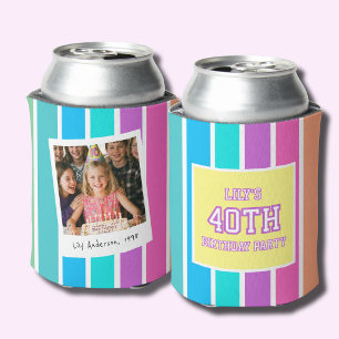 40th Birthday Photo Multcolor Stripe Can Cooler