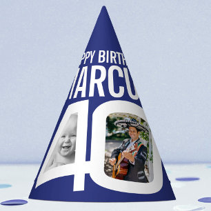 40th birthday photo personalised blue white party hat