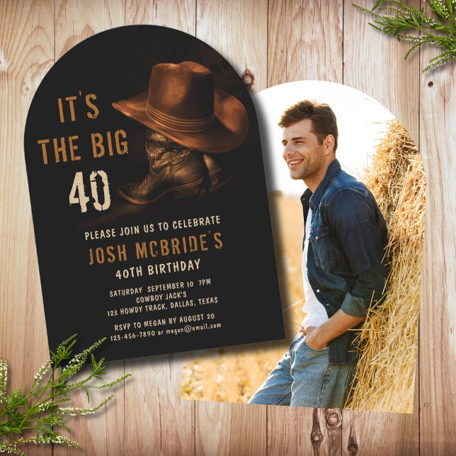 40th Birthday Photo Rustic Cowboy Hat Boots Invitation (Creator Uploaded)
