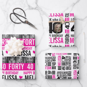 40th birthday photos black white hot pink wrapping paper sheet