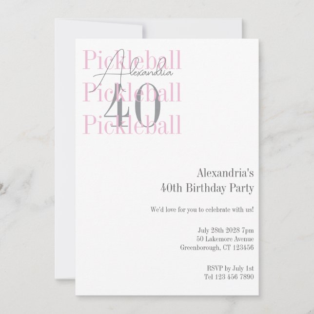 40th Birthday Pickleball Pink Invitation (Front)