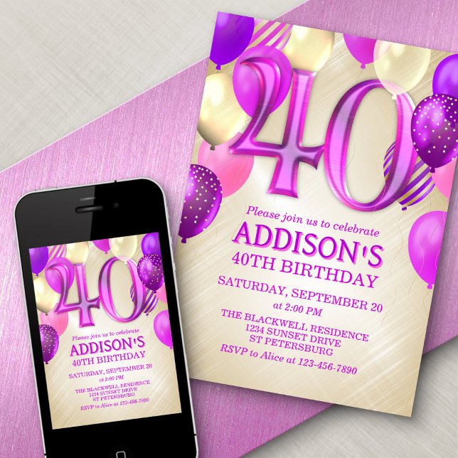 40th Birthday Pink Balloons Invitation (Creator Uploaded)