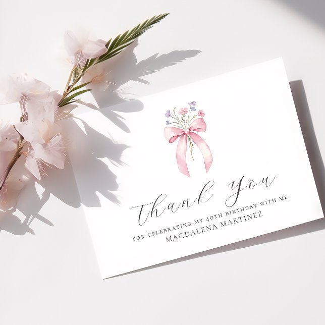 40th Birthday Pink Bow Wildflower Custom Flat Thank You Card (Creator Uploaded)