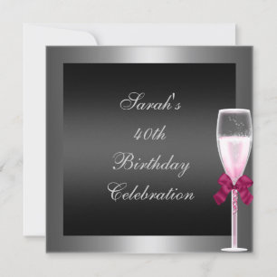 40th Birthday Pink Champagne Silver Black Invitation