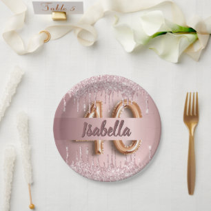 40th birthday pink dusty rose glitter name paper plate
