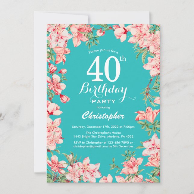 40th Birthday Pink Floral Flowers Teal Background Invitation (Front)