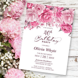 40th Birthday Pink Floral Party Invitation