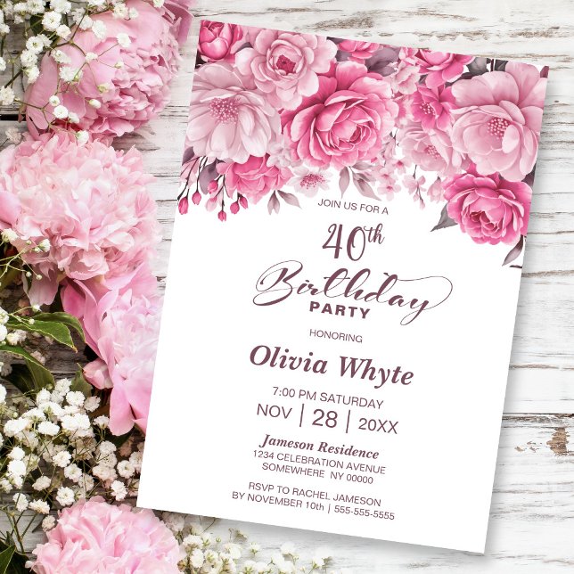 40th Birthday Pink Floral Party Invitation (Creator Uploaded)