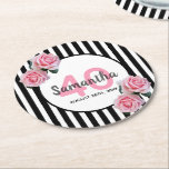 40th birthday pink flowers black stripes round paper coaster<br><div class="desc">A coaster for a 40th birthday party for a girl. Classic slim black and white vertical stripes as background. With girly, feminine and romantic pink roses as decoration. A white and pink frame on front with template for age, name and date. Age number 40 in pink, name and date in...</div>