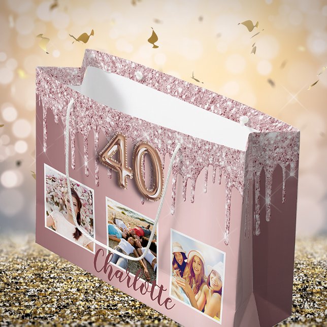 40th birthday pink glitter drips photo monogram large gift bag (Creator Uploaded)