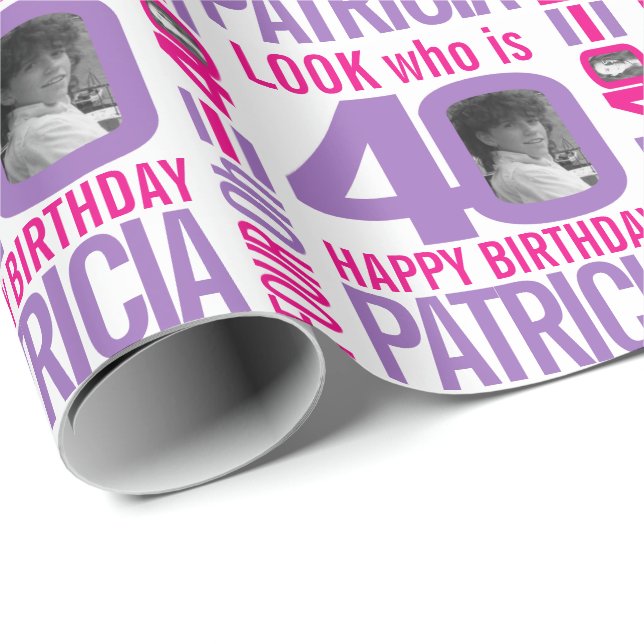 40th birthday pink purple look 40 custom photo wrapping paper (Roll Corner)