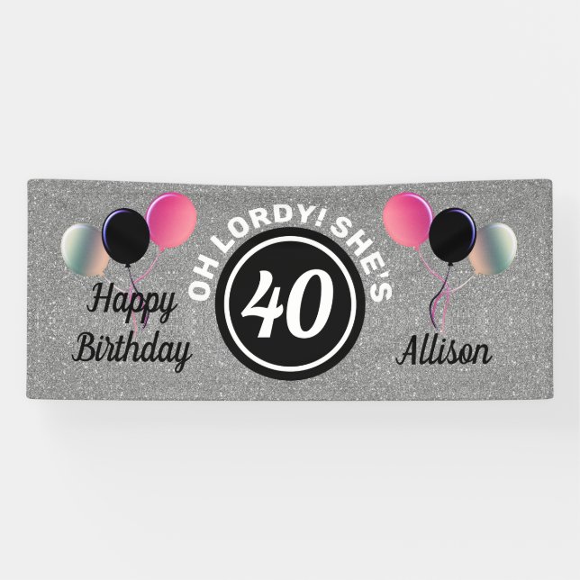 40th Birthday Pink Silver Glitter Personalised Banner (Horizontal)