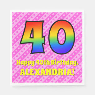 40th Birthday: Pink Stripes & Hearts, Rainbow # 40 Napkin
