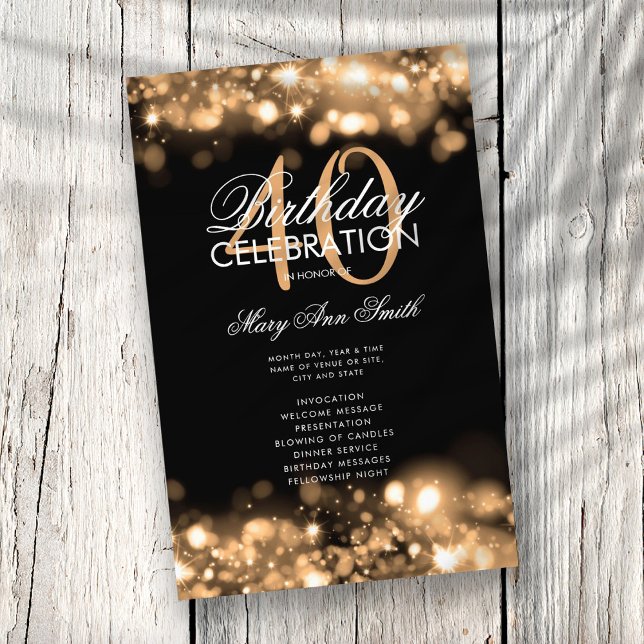 40th Birthday Program Glam Lights Gold Menu  (Creator Uploaded)