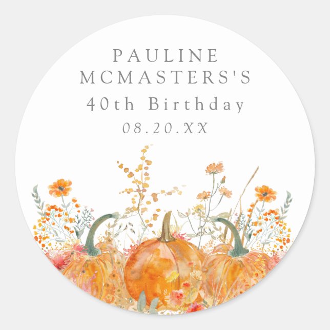 40th Birthday Pumpkin Wildflower Custom Favour Classic Round Sticker (Front)