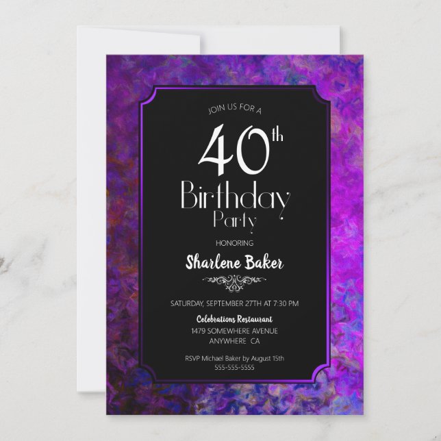 40th Birthday Purple and Black Party Invitation (Front)