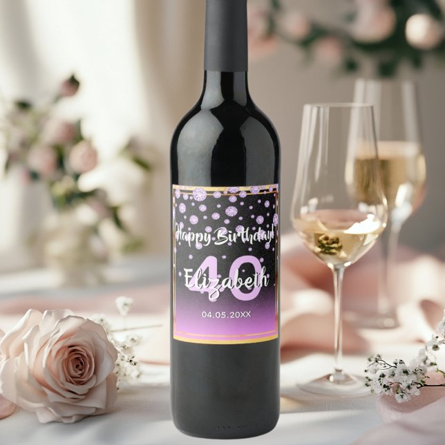 40th birthday purple black diamonds glamorous wine label (Creator Uploaded)