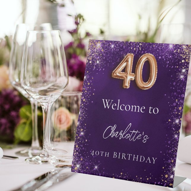 40th birthday purple glitter sparkles welcome pedestal sign (Creator Uploaded)
