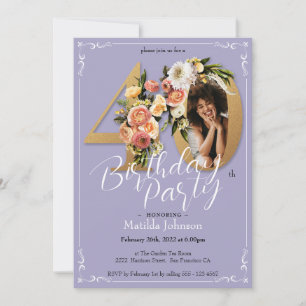 40th Birthday Purple Gold Boho Floral Custom Photo Invitation