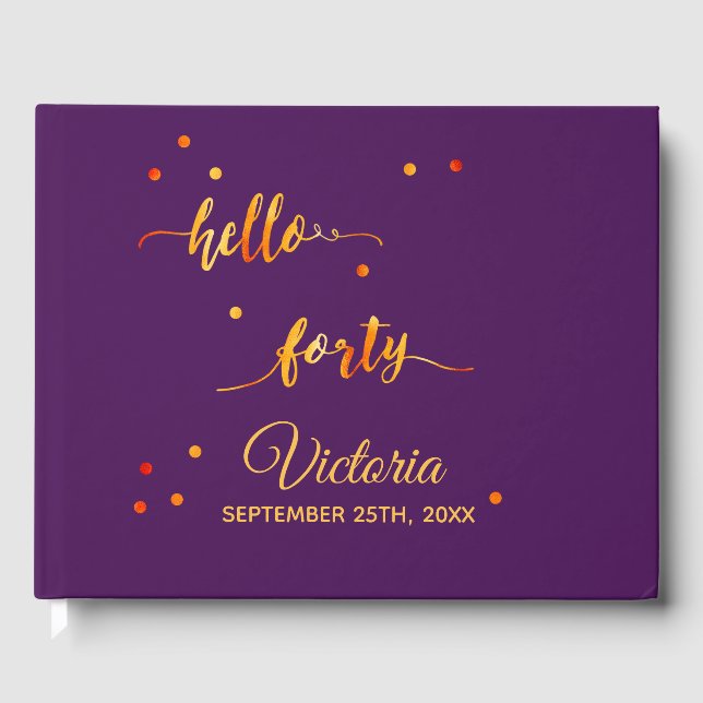 40th birthday purple gold hello 40 name script guest book (Front)