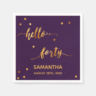 40th birthday purple gold hello 40 name script napkin